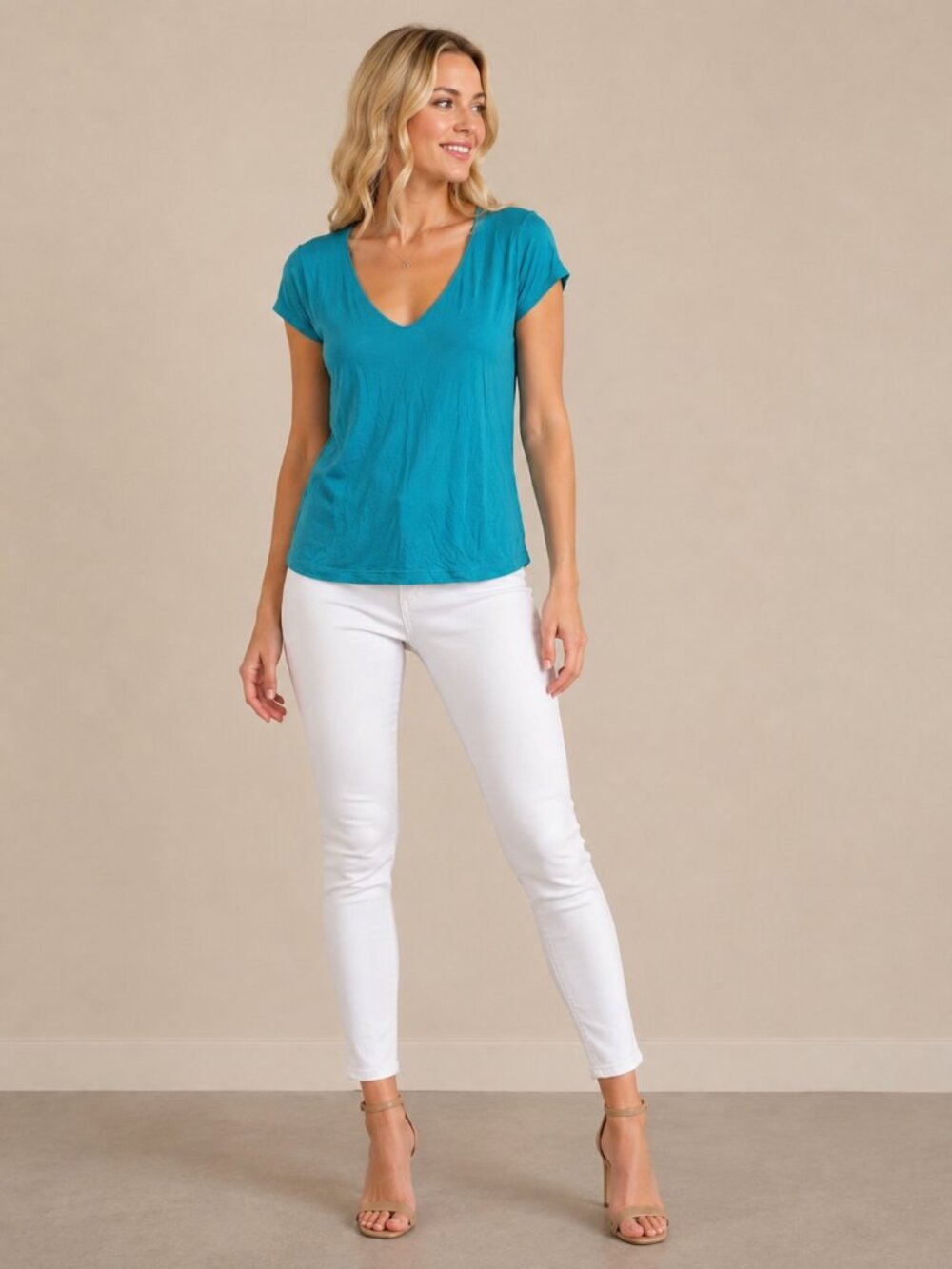 TAHARI Basic Cap Sleeve V-Neck Tee Teal Large #A4313